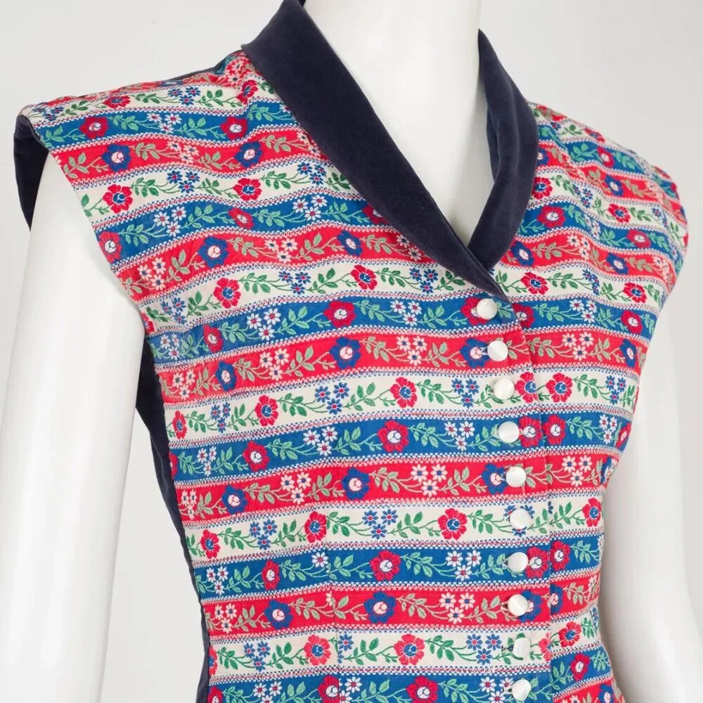 1950s Vintage Folk Floral Ribbon Navy Blue Cotton Velvet Top & Skirt Set Sz XS - Picture 3 of 7